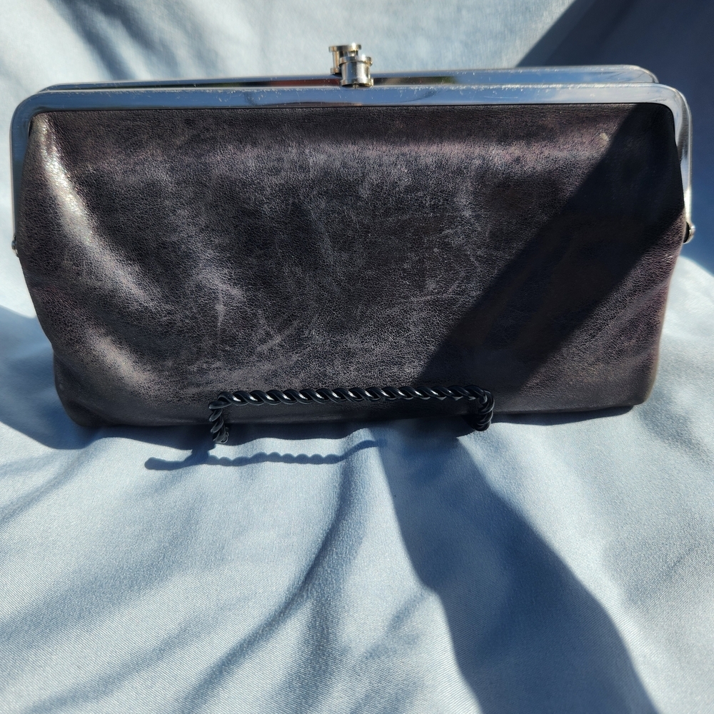 HOBO Black Leather Clutch with Silver Frame